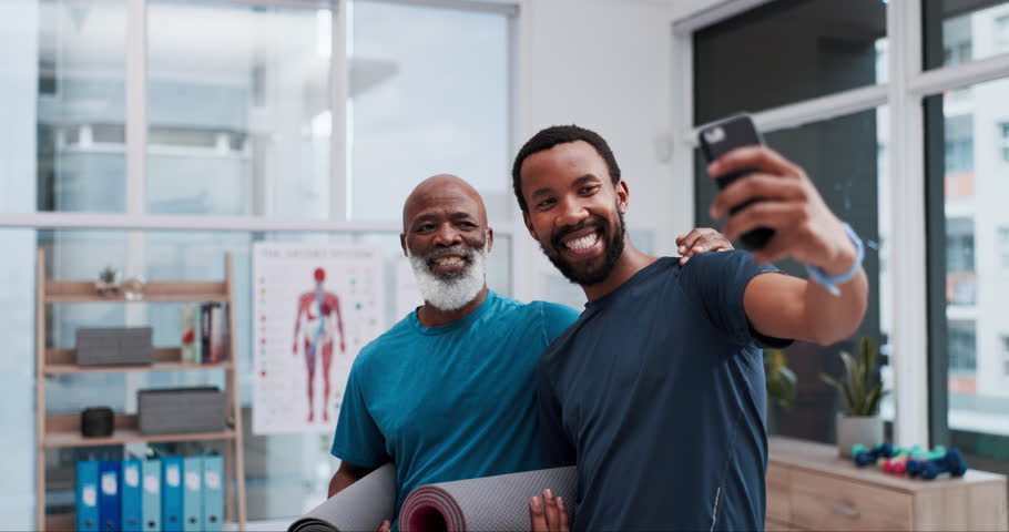 Happy black people, yoga and selfie in memory, photography or zen exercise, workout and fitness at clinic. Excited African men or yogi smile for photograph, vlog or social media together at hospital