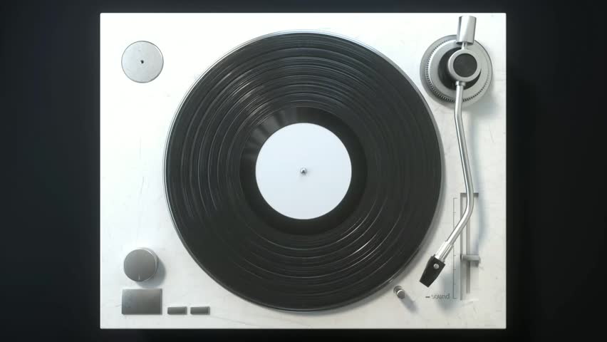 Black vinyl Retro record on DJ turntable. Black vinyl background with yellow screen in center. Rotating plate close up. Party. Loop. 4k video animation Royalty-Free Stock Footage #1107864805