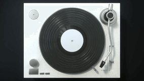 Black vinyl Retro record on DJ turntable. Black vinyl background with yellow screen in center. Rotating plate close up. Party. Loop. 4k video animation