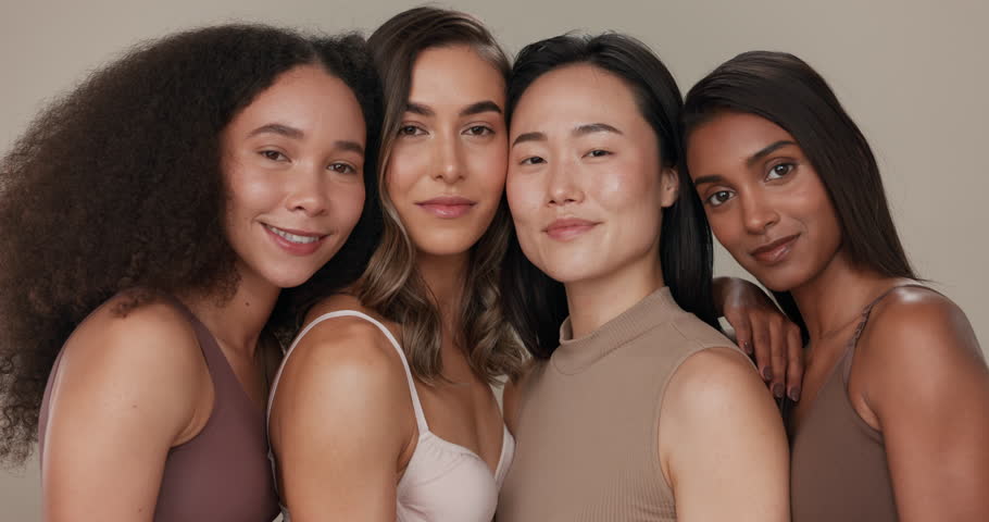 Beauty, women or friends blow kiss in studio for diversity, inclusion and wellness. Face of happy people on neutral background for different facial care, dermatology glow or makeup and cosmetics