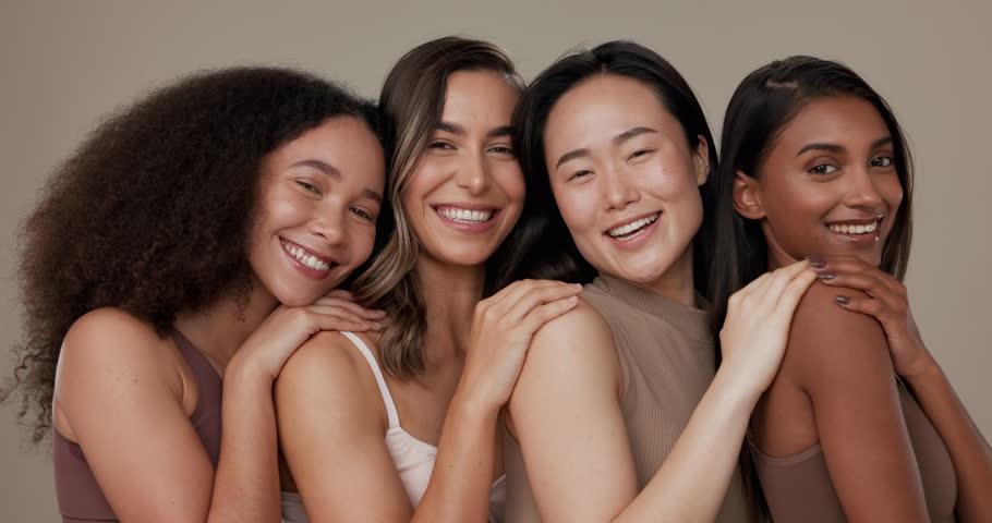 Diversity face, beauty group and happy women with natural cosmetics, facial skincare glow and studio self care. Woman empowerment, makeup and equality portrait of model friends on grey background