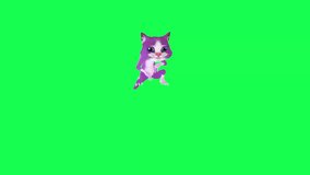 A 3D talking purple cat jumps over a wall from a opposite angle on a green screen 3D people walking background chroma key Visual effect animation