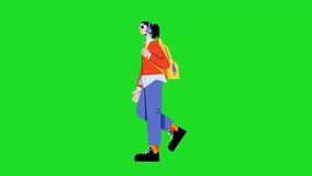 Girl walking running with head phones animation cartoon clip art green screen loop
