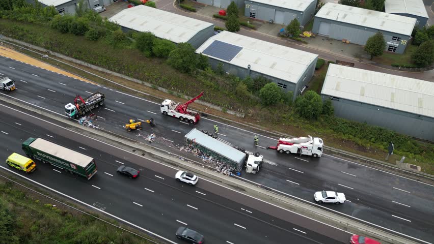 aerial Drone view of truck in accident on motorway Royalty-Free Stock Footage #1107876883