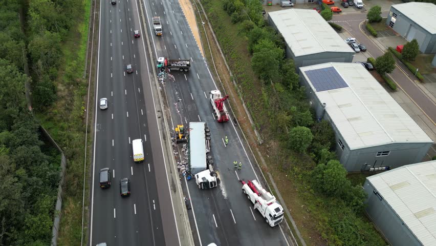 aerial Drone view of truck in accident on motorway Royalty-Free Stock Footage #1107876889