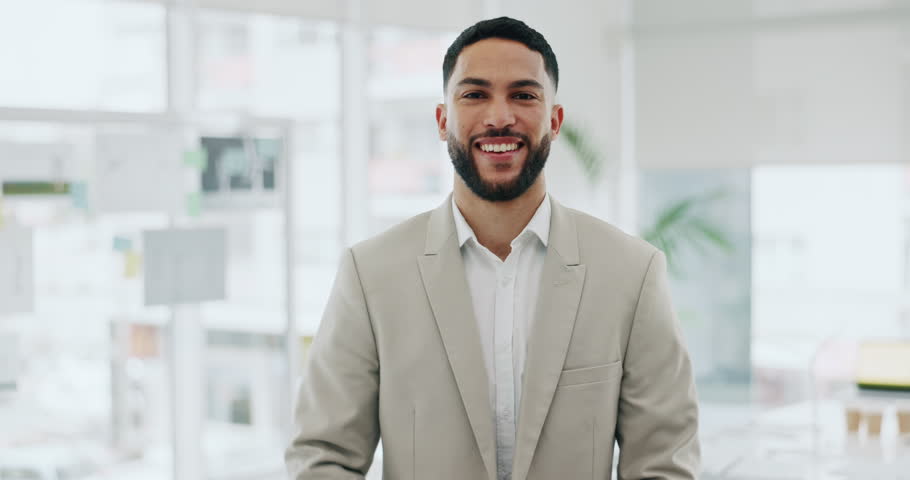 Business man, portrait and smile with arms crossed in an office for confidence and career pride. Professional entrepreneur person from Morocco at corporate company with positive attitude and space Royalty-Free Stock Footage #1107877051
