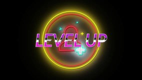 Animation of level up text with icons in circles against black background. Digitally generated, hologram, illustration, illuminated, progress, business, video game and technology concept. - Powered by Shutterstock - Get 15% off with code: PIKWIZARD15