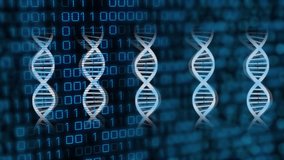 Animation of rotating dna helixes with looping binary codes over black background. Digitally generated, hologram, illustration, molecule, anatomy, medical, healthcare, coding and technology concept. - Powered by Shutterstock - Get 15% off with code: PIKWIZARD15