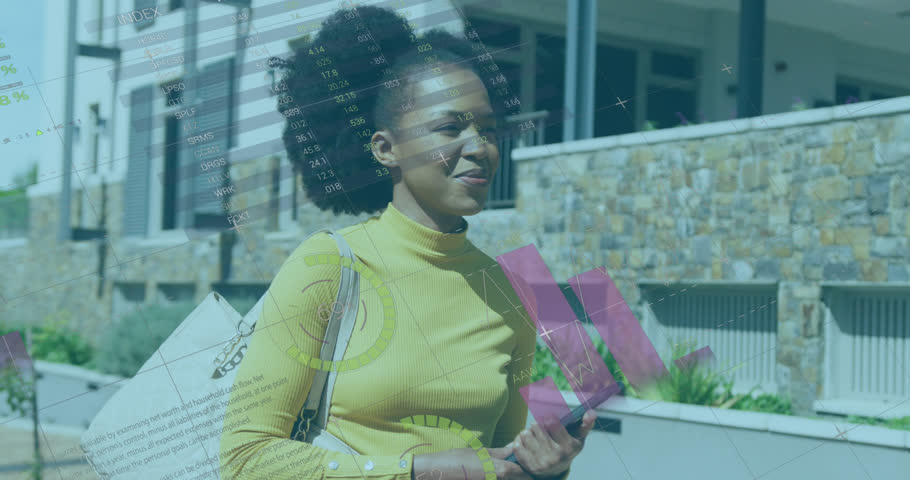 Animation of statistical data processing over happy african american woman walking on the street. Computer interface and business data technology concept