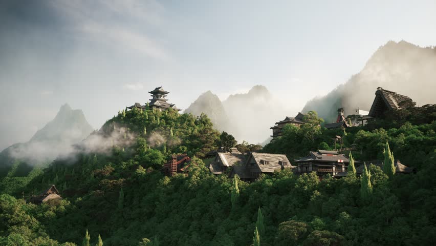 Small settlement on the mountain.  Small town on top of the forest mountains. Forest mountains at sunrise | Shutterstock HD Video #1107886559
