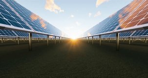 3d rendering of solar farm, field or solar power plant consist of photovoltaic cell in panel, landscape, technology. Industry for electric, electricity generation. Clean green power energy from nature