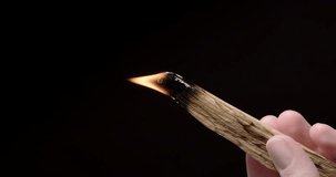 Person holding Palo Santo wood stick in hand, aromatic Palo Santo burning on black background, smoke spreading around, slow motion video clip, high quality 4k close up footage