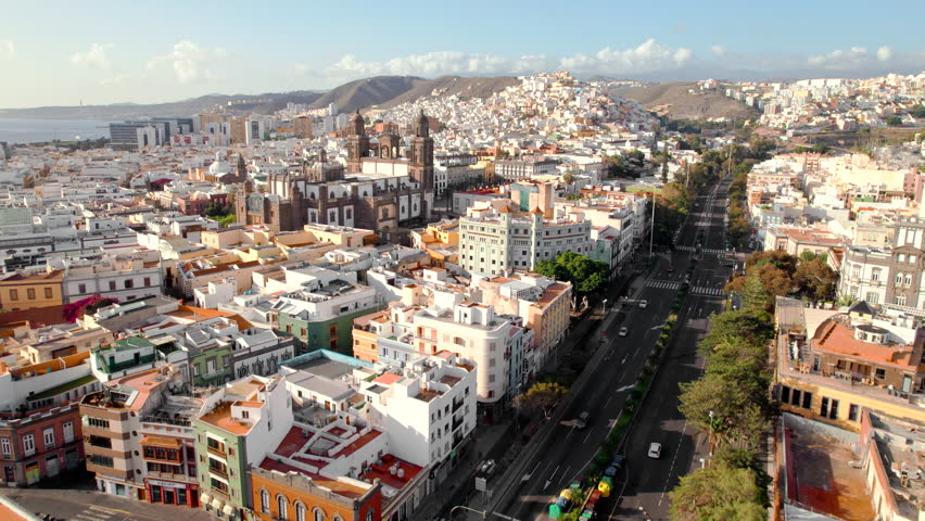 Aerial view of the the Las Palmas cityscape with Cathedral de Santa Ana de Canarias on Gran Canaria island, Spain. Saint Ana square and the historic cathedral building. Drone view of Las Palmas city.