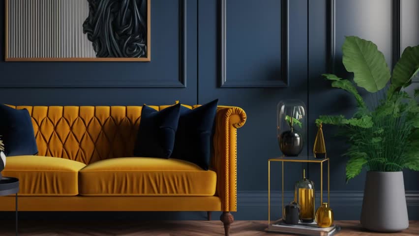 Interior background mockup of a living room with a yellow sofa and a deep blue wall. Royalty-Free Stock Footage #1107894549