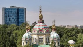 Quadcopter view of the Orthodox wooden Ascension Cathedral built in 1907 in the Kazakh city of Almaty on a summer morning