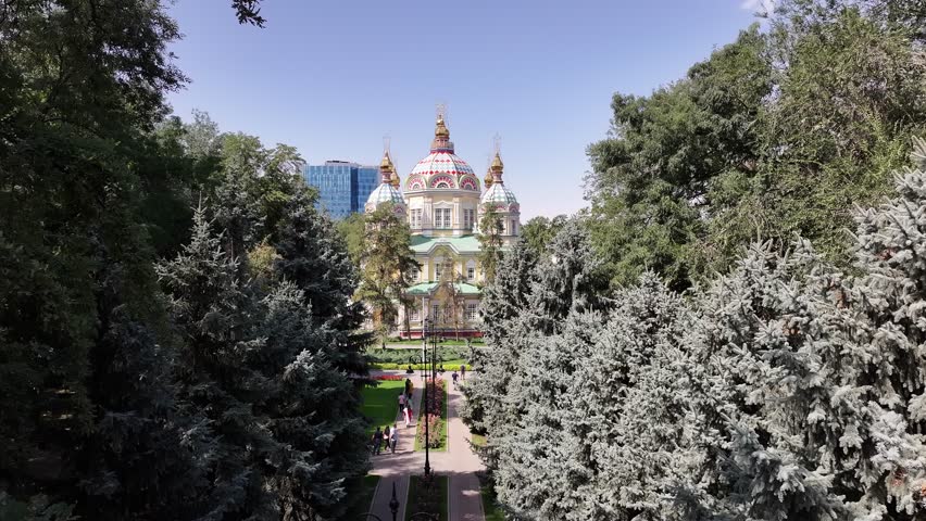 Quadcopter view of the Orthodox wooden Ascension Cathedral built in 1907 in the Kazakh city of Almaty on a summer morning