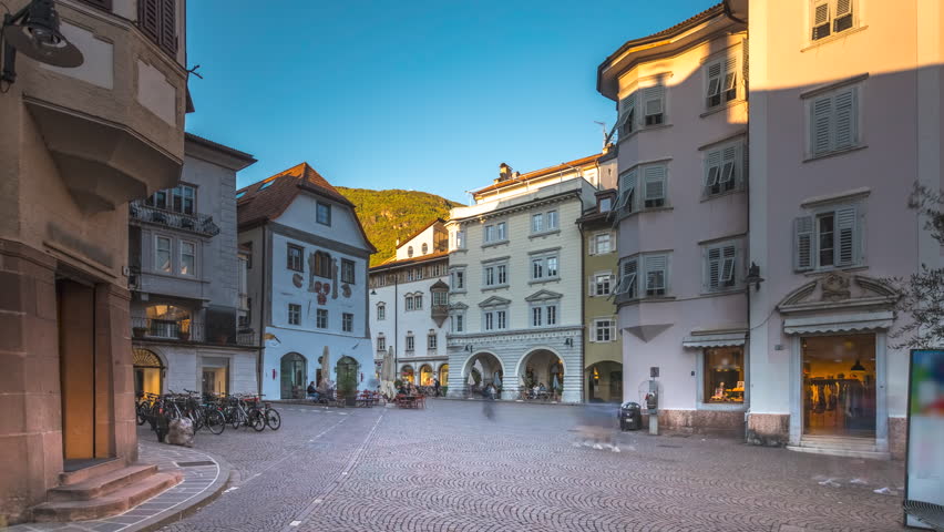 Bolzano old town in city centre shopping treet,bozen italy city centre time lapse.