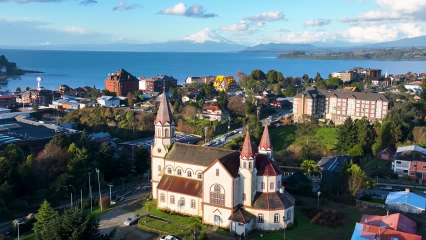 Famous Church At Puerto Varas In Los Lagos Chile. Volcano Landscape. Downtown Cityscape. Los Lagos Chile. Llanquihue Lake. Famous Church At Puerto Varas In Los Lagos Chile. Royalty-Free Stock Footage #1107911435