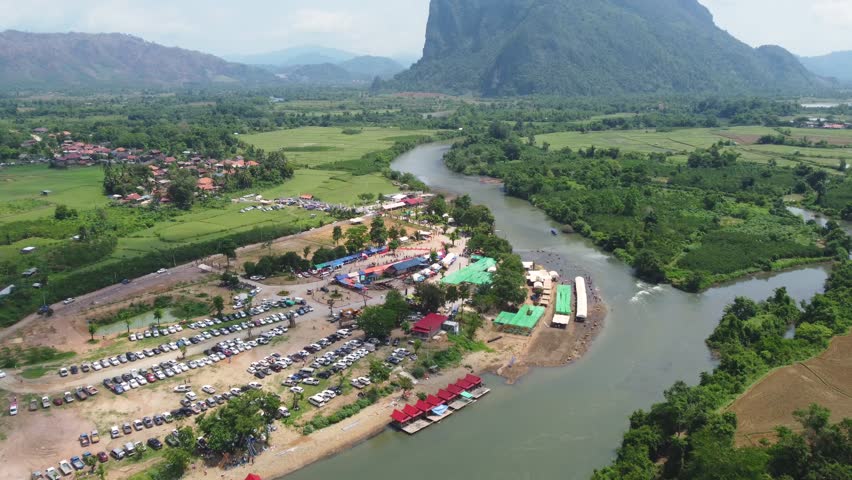 rocket festival Aerial view over the karst mountains  formations around Mueang Feuang, Laos