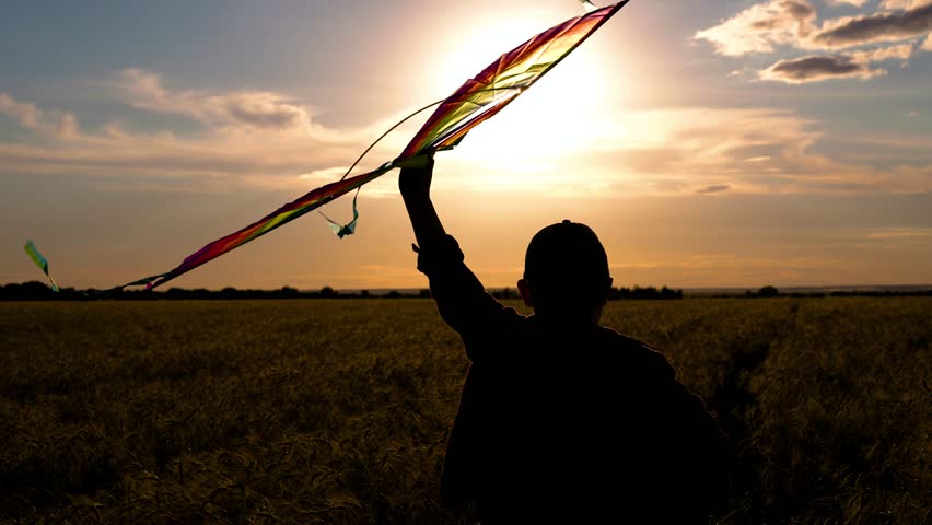 Kite hovers flies in hand of kid. Child runs with kite in sun. Happy boy kid runs in field of wheat, plays with toy kite. Child plays at sunset, dreams of flying, traveling. Boy child with toy kite. | Shutterstock HD Video #1107916931