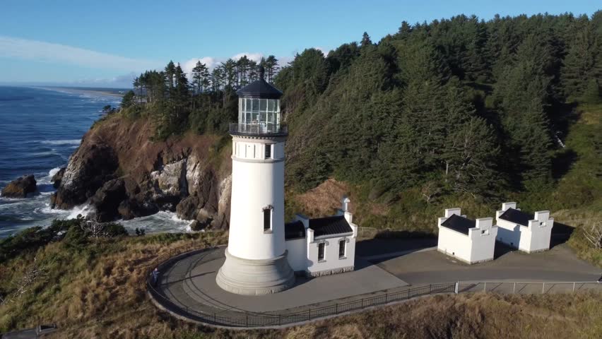 Aerial drone video of the North Head Lighthouse at Cape Disappointment State Park in Washington.