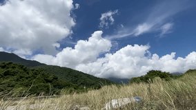 In the video, the mysterious beach of Suao, Yilan City, Taiwan, the green grass is swaying with the wind, the weather is sunny and hot, and the white clouds are beautiful.