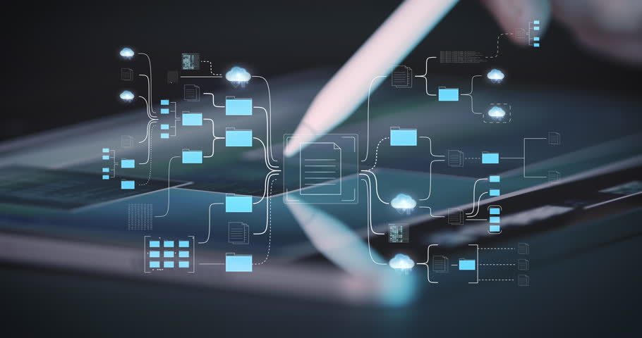 File system Folder structure Icon animation against background with tablet operated with stylus