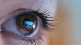 Intense Close-up of Woman's Eye Focused on Computer Work, with a Clear Reflection of the Computer Screen and Work Environment in Her Eye - Powered by Shutterstock - Get 15% off with code: PIKWIZARD15
