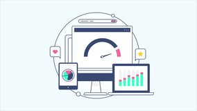 Website SEO analytics. Marketing report, Data analysis application, Web based analytics dashboard on computer screen with graph and charts - 2D animation video clip