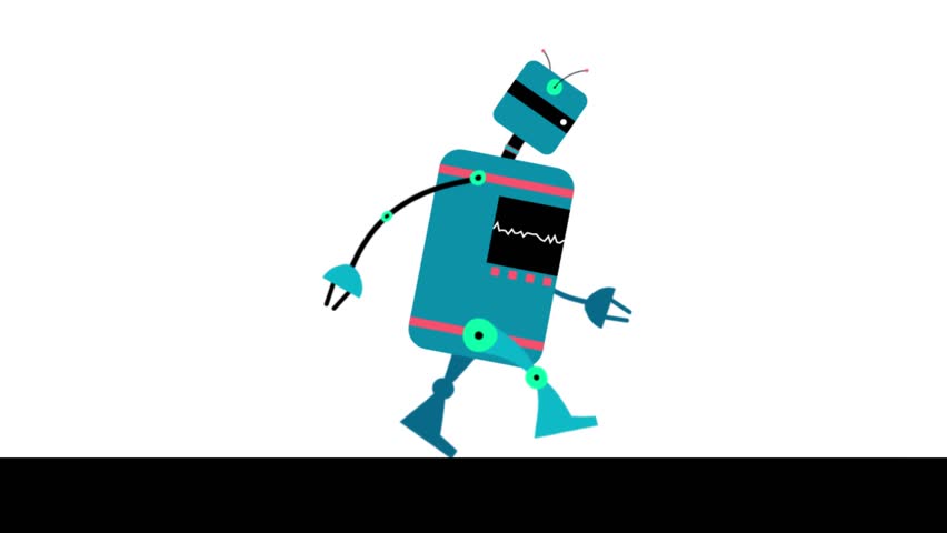 Seamless animation of cartoon robot walking. Funny pleasant walk isolated on white background. Motion graphic design. Looped 2d animation.