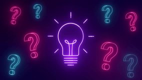 Neon light bulb around neon question marks. Innovation question concept. 4K Video motion graphic animation. - Powered by Shutterstock - Get 15% off with code: PIKWIZARD15