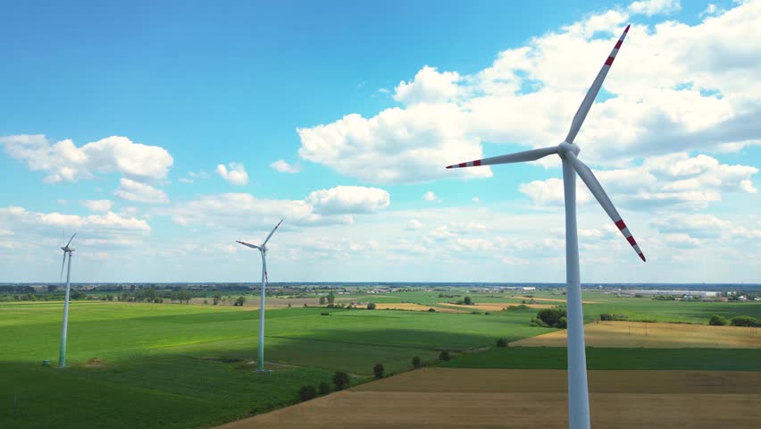 Aerial view of powerful Wind turbine farm for energy production on beautiful cloudy sky at highland. Wind power turbines generating clean renewable energy for sustainable development.