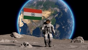 Lunar astronaut walks on the moon with Indian flag, sticks it into the lunar surface, and salutes. Some Elements of this video furnished by NASA.