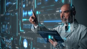 Middle aged scientist touching futuristic holographic graphical user interface. Science technology. - Powered by Shutterstock - Get 15% off with code: PIKWIZARD15