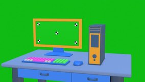 4k video 3d computer illustration with green screen, template of computer screen and tracking mark, workspace with digital technology