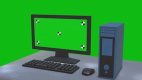 4k video 3d computer illustration with green screen, template of computer screen and tracking mark, workspace with digital technology