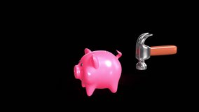Animation of Breaking a Piggy Bank with a Hammer. High-res UHD 4K quality in MOV format, complete with ProRes 4444 codec for alpha channel support. Ideal for VFX, compositing and keying projects