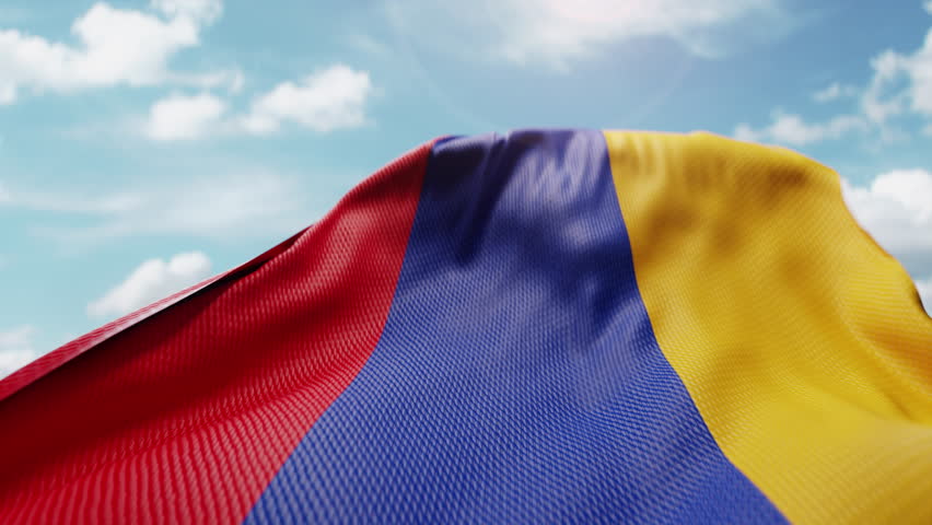 Wavy flag of Armenia blowing in the wind in slow motion. Waving colorful Armenian flag symbol abstract vertical background. Sun and blue sky with clouds on a background Royalty-Free Stock Footage #1107952597
