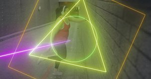 Animation of neon shapes over plus size caucasian woman exercising in city. Sports, active lifestyle, urban living and happiness concept digitally generated video.