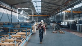 Digital visualization at the factory. Worker dressed uniform and protective helmet walking through construction equipment. - Powered by Shutterstock - Get 15% off with code: PIKWIZARD15