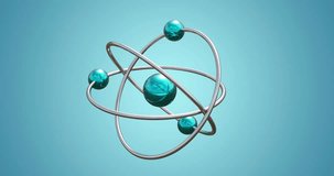 Animation of atom model spinning on blue background. Global science, research, connections, computing and data processing concept digitally generated video.