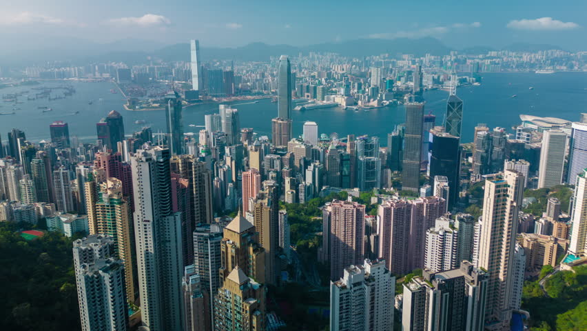Aerial hyperlapse, dronelapse video of Hong Kong city in daytime Royalty-Free Stock Footage #1107969481