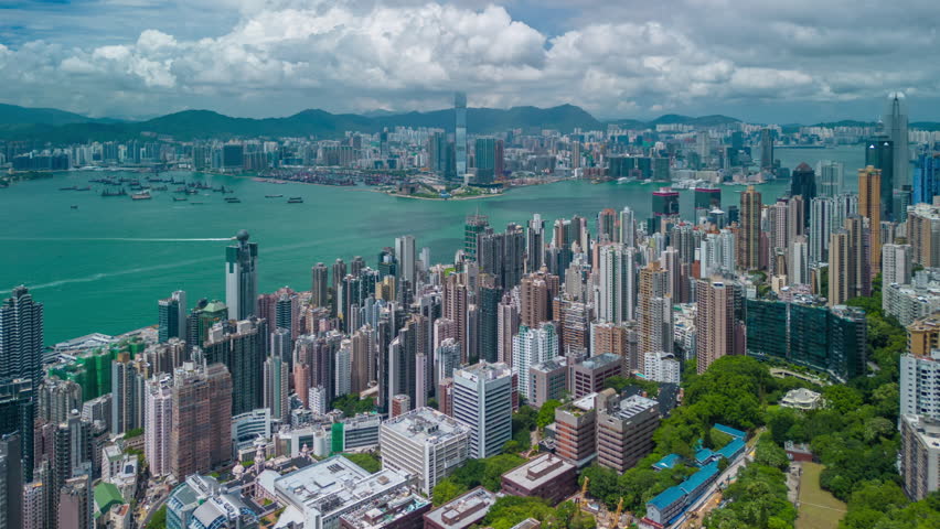 Aerial hyperlapse, dronelapse video of Hong Kong city in daytime Royalty-Free Stock Footage #1107969485