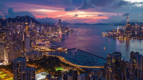 Aerial hyperlapse, dronelapse video of Hong Kong city at night Stockvideo