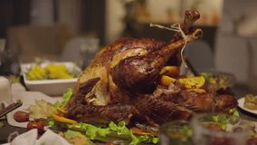 Thanksgiving Turkey being served roasted chicken and vegetables Christmas dinner Closeup 4k footage