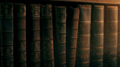 Old Books with a luxurious cover leather binding history library Row bookshelf of Antique Vintage Book - Βίντεο στοκ