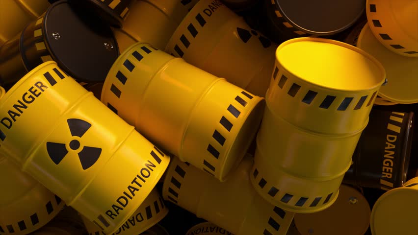 Dump of yellow and black barrels with nuclear radioactive waste. Danger of radiation contamination of industrial containers. 3D animation. 3D Illustration | Shutterstock HD Video #1107979591