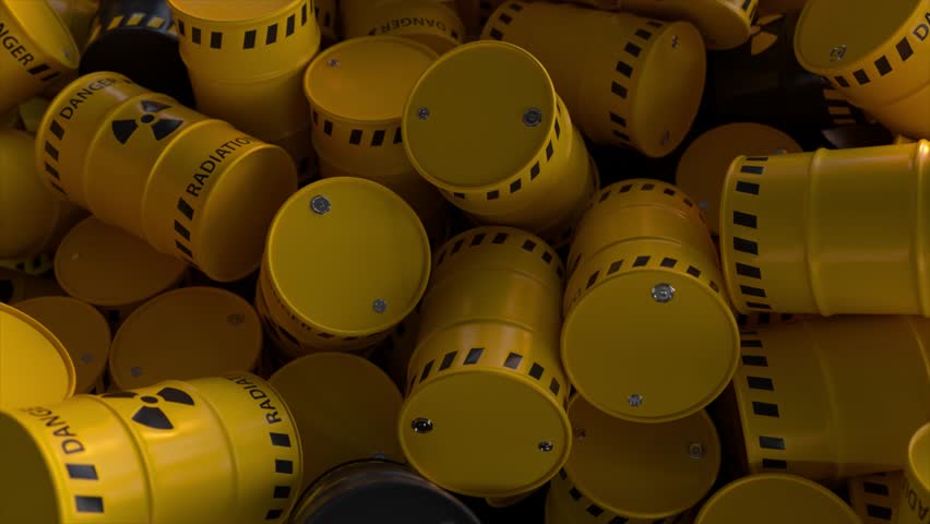 Dump of yellow and black barrels with nuclear radioactive waste. Danger of radiation contamination of industrial containers. 3D animation. 3D Illustration Royalty-Free Stock Footage #1107979611