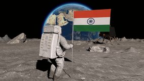 Lunar astronaut walks on the moon with Indian flag, sticks it into the lunar surface, and salutes. A spacecraft similar to Chandrayan 3 is visible. Some Elements of this video furnished by NASA.