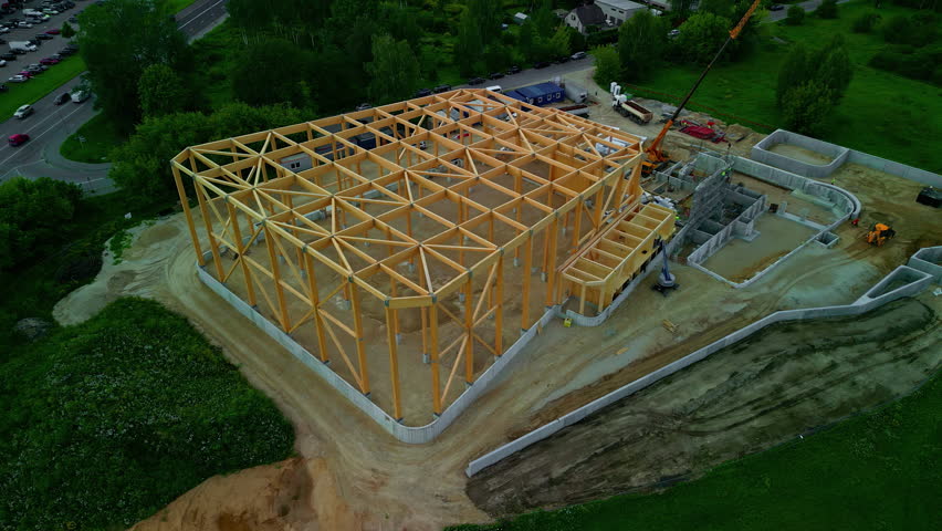 Aerial View of Wooden-frame House Under Construction.